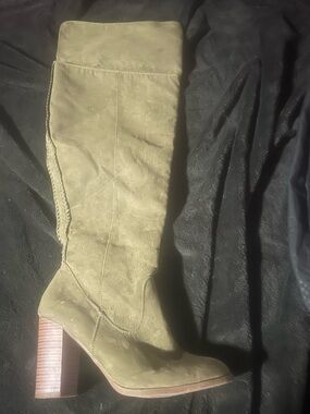 Olive Green Suede Knee-High Block Heel Boots